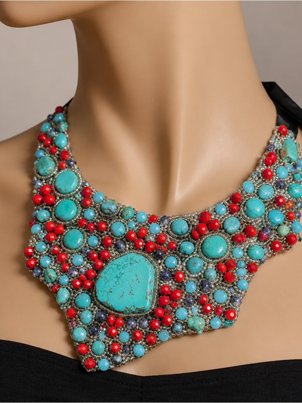 Turquoise and Red Statement Bib Necklace for Women